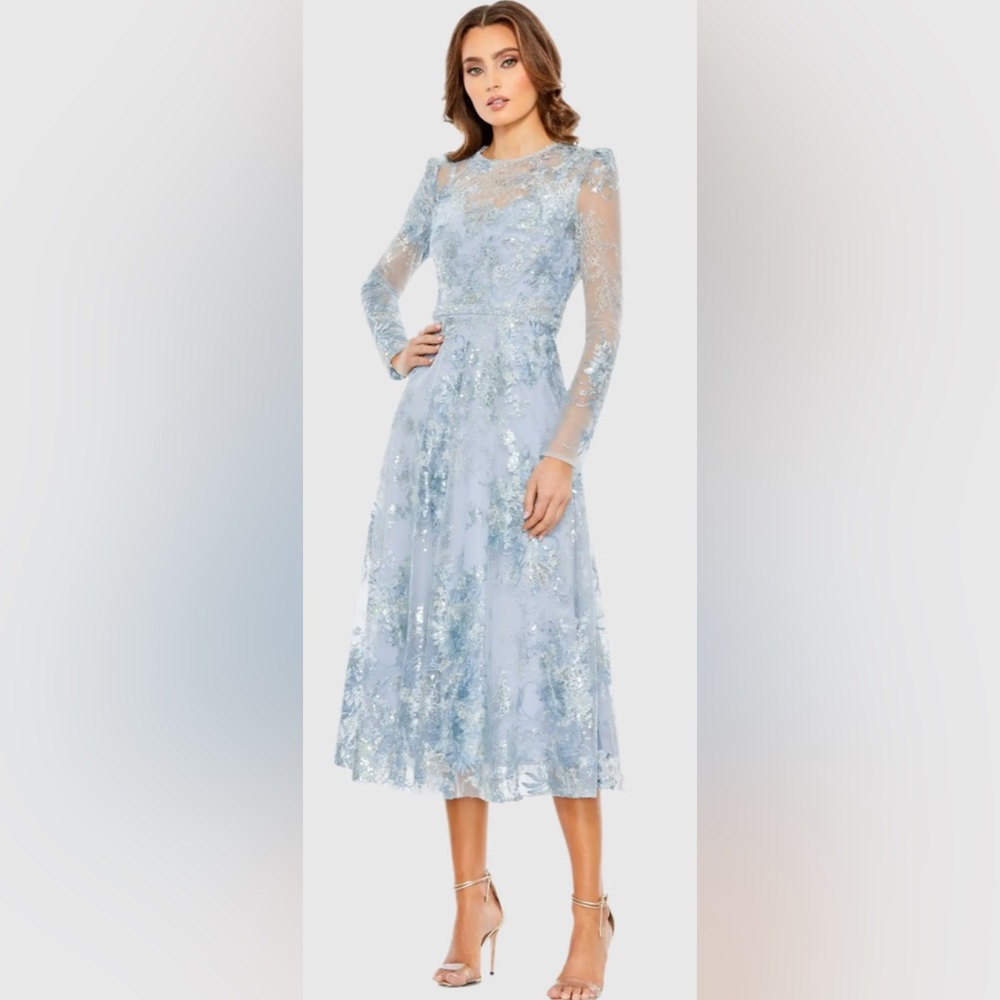 NWT Mac Duggal Embellished Illusion Long Sleeve Midi Dress in Icy Blue - Size 18